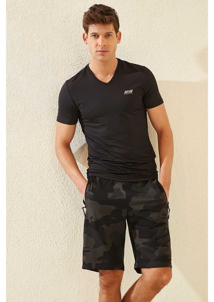 Siyah Gölge Kamuflaj Desenli Standart Kalıp Erkek Şort - 81157