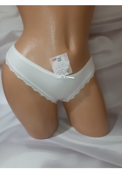 Ekru %92 Pamuk %8 Elastan Tırnak Dantel Kadın Tanga Külot