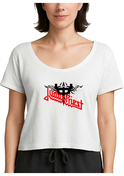 Judas Priest Logo And Figure Beyaz Kadın Tişört
