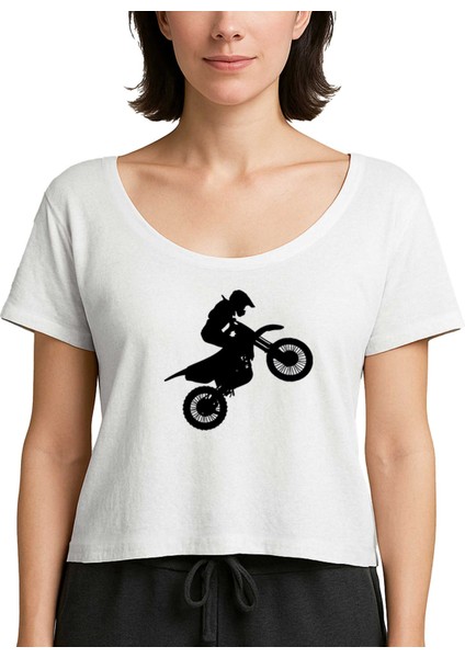 Motocross Motorcycle Siluet Beyaz Kadın Tişört