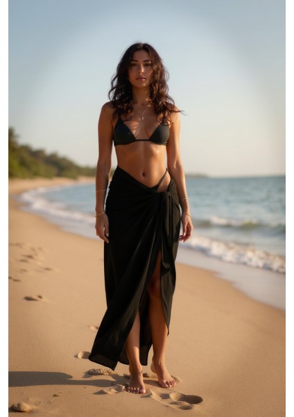 Kadın Siyah Bodrum Stili Bağlama Detaylı 150X75 Pareo – Modern ve Şık Tasarım