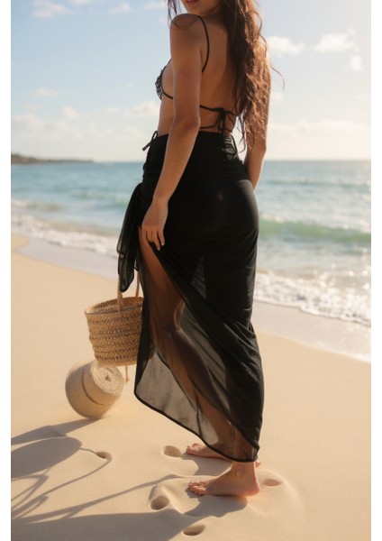 Kadın Siyah Bodrum Stili Bağlama Detaylı 150X75 Pareo – Modern ve Şık Tasarım modelleri