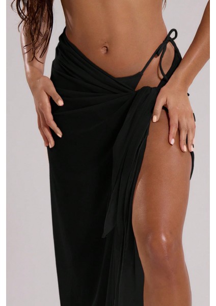 Kadın Siyah Bodrum Stili Bağlama Detaylı 150X75 Pareo – Modern ve Şık Tasarım