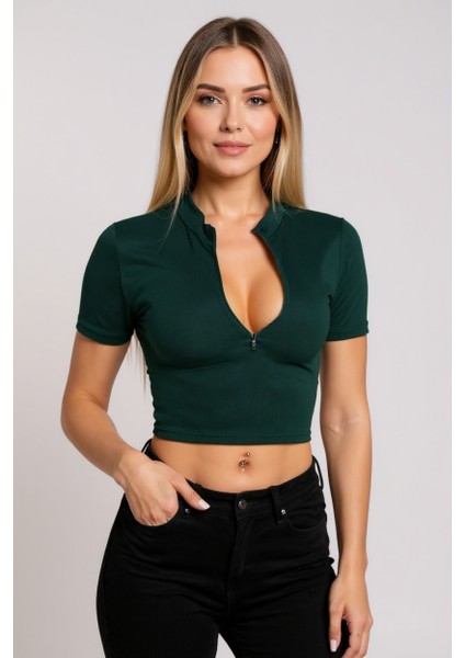 Kadın Yeşil Yarım Fermuarlı ve Kısa Kollu Crop Top Bluz – Şık, Rahat ve Kolay Kombinlenebilir indirimleri