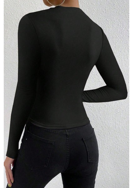 Kadın Siyah Belden ve Boyundan Büzgü Detaylı Uzun Kollu Bluz modelleri
