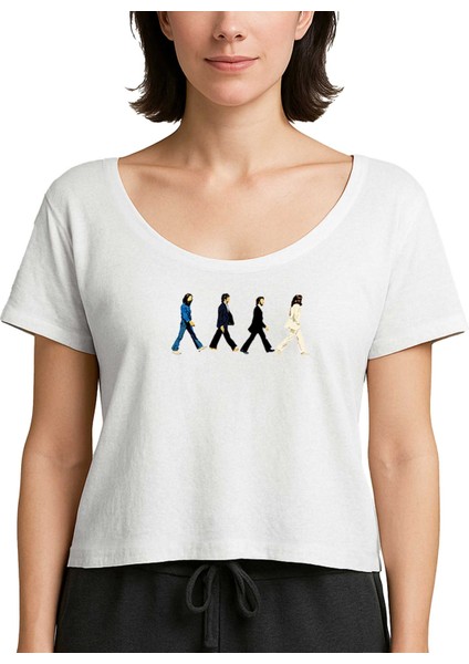 The Beatles Abbey Road Cartoon Beyaz Kadın Tişört