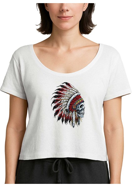 Kızılderili Skull Portre Beyaz Kadın Tişört