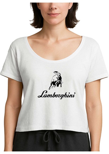 Lamborghni Text Logo Beyaz Kadın Tişört