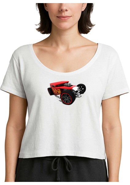 Hot Wheels Skull Car Beyaz Kadın Tişört