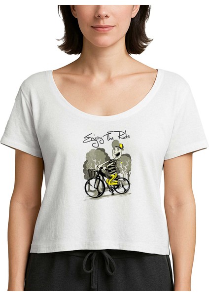 Rider Bike Cartoon Beyaz Kadın Tişört