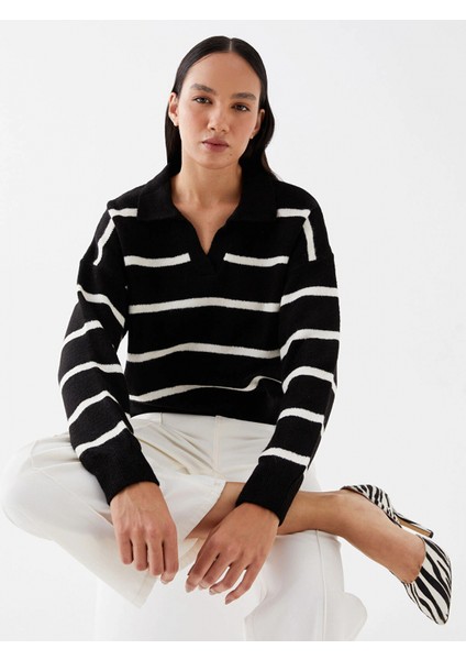 Lcw Vision Siyah Polo Yaka Çizgili Oversize Kadın Triko Kazak