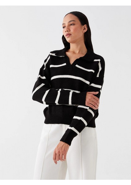 Lcw Vision Siyah Polo Yaka Çizgili Oversize Kadın Triko Kazak fiyatları