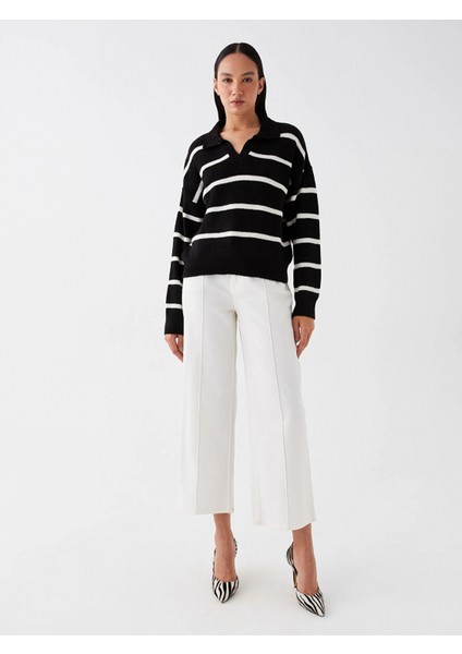 Lcw Vision Siyah Polo Yaka Çizgili Oversize Kadın Triko Kazak modelleri