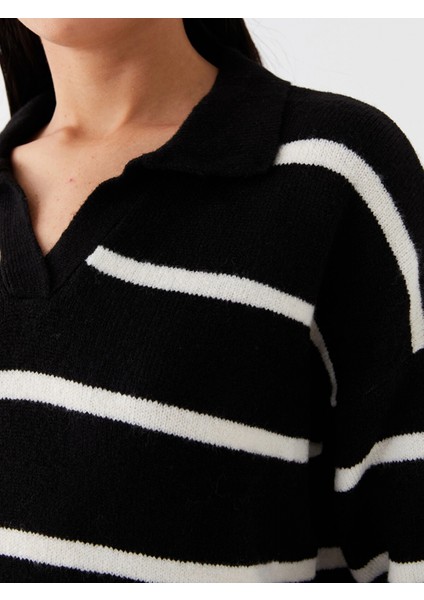 Lcw Vision Siyah Polo Yaka Çizgili Oversize Kadın Triko Kazak fırsatları