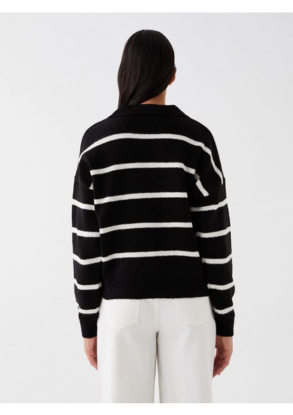 Lcw Vision Siyah Polo Yaka Çizgili Oversize Kadın Triko Kazak indirimleri