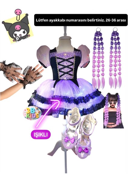 Kuromi Işıklı Elbise Kostüm Abiye Bubble Saç Eldiven Kuromi Mor Topuklu Ayakkabı Seti Düğün Davet