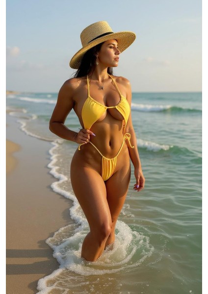 Kadın Sarı Yandan Bağlamalı Tangalı Üçgen Bikini Mayo Takımı – Modern, Konforlu ve Günlük Kombinlere Uygun