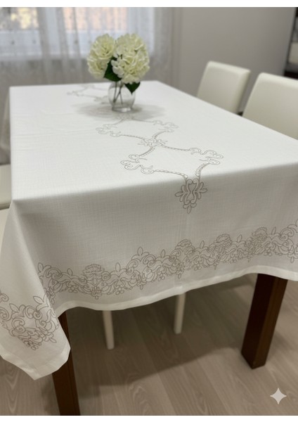 Lüks Nakış Işlemeli Ekru Masa Örtüsü | Bej Işleme Detaylı (Linen/keten Görünümlü)