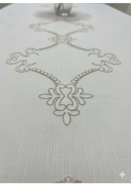 Lüks Nakış Işlemeli Ekru Masa Örtüsü | Bej Işleme Detaylı (Linen/keten Görünümlü) fiyatları