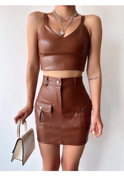 Önden Iki Cepli Deri Etek Kahve