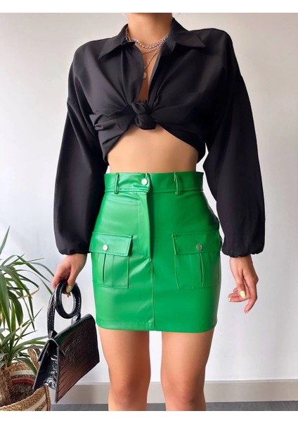 Önden Iki Cepli Deri Etek Yeşil