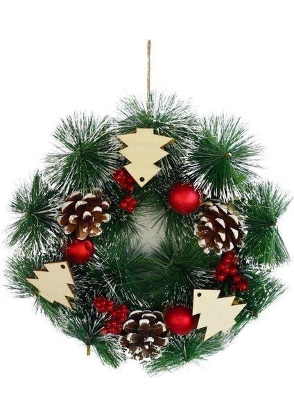 Yılbaşı Kapı Süsü Çam Ağacı Figürlü Karlı Naturel Dekoratif Çelenk 25 cm