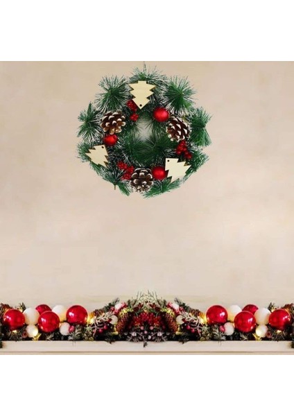 Yılbaşı Kapı Süsü Çam Ağacı Figürlü Karlı Naturel Dekoratif Çelenk 25 cm fiyatları