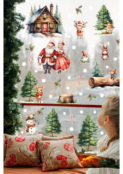 Santa & Kış Masalı Çift Taraflı Cam Sticker Seti – Büyük Boy Figürlü Yılbaşı Dekoru