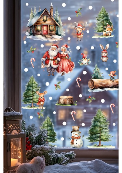 Santa & Kış Masalı Çift Taraflı Cam Sticker Seti – Büyük Boy Figürlü Yılbaşı Dekoru modelleri