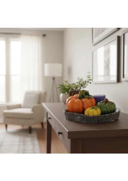 Kabak Figürlü Dekor Seti–doğal Masa Süsleri-Kabak & Mum Seti-Biblo Dekoratif Tepsili Set B. Boy Turuncu