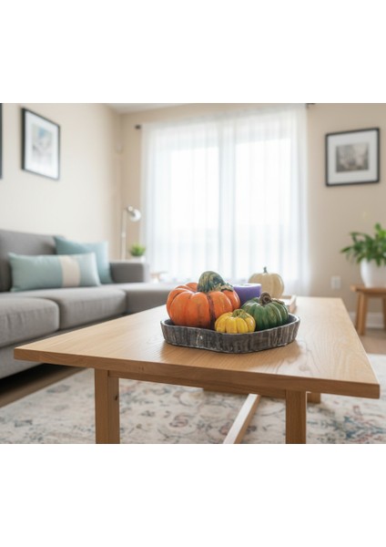 Kabak Figürlü Dekor Seti–doğal Masa Süsleri-Kabak & Mum Seti-Biblo Dekoratif Tepsili Set B. Boy Turuncu modelleri