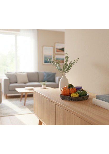 Kabak Figürlü Dekor Seti–doğal Masa Süsleri-Kabak & Mum Seti-Biblo Dekoratif Tepsili Set B. Boy Turuncu