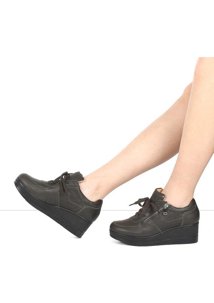 Kadın Haki Bağcıklı Fermuarlı Dolgu Topuklu Deri Ayakkabı