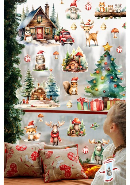 Yeni Nesil Çift Taraflı Baskılı Yılbaşı Cam Sticker Seti – Orman Dostları & Kış Masalı Temalı