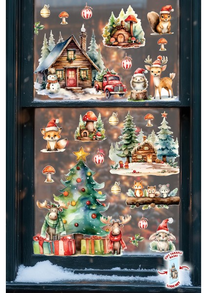 Yeni Nesil Çift Taraflı Baskılı Yılbaşı Cam Sticker Seti – Orman Dostları & Kış Masalı Temalı fiyatları