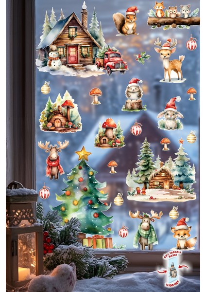 Yeni Nesil Çift Taraflı Baskılı Yılbaşı Cam Sticker Seti – Orman Dostları & Kış Masalı Temalı modelleri