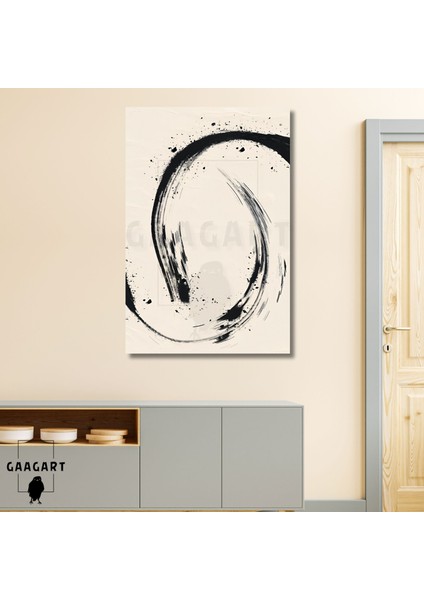 Tekli Dikey Kanvas Tablo Soyut Kremrengi Siyah Bohem Çizgiler