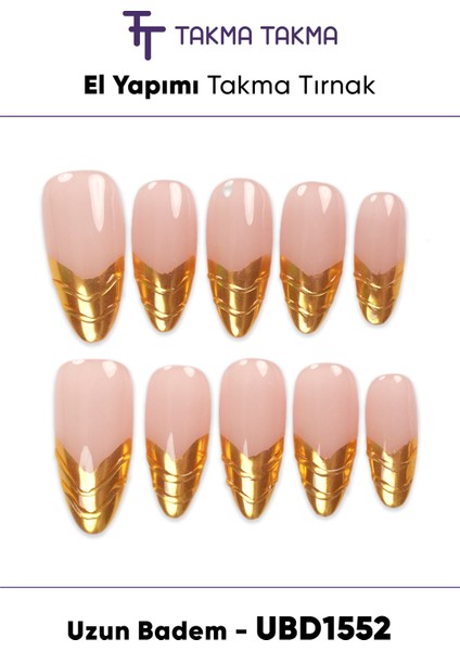 10'lu Ten Uzun Badem UBD1552 Tekrar Kullanılabilir El Yapımı Protez Takma Tırnak - Ten Rengi-S