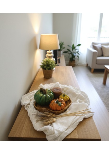 Kabak Figürlü Dekor Seti–doğal Masa Süsleri-Kabak & Mum Seti-Biblo Dekoratif Tepsili Set B. Boy Yeşil