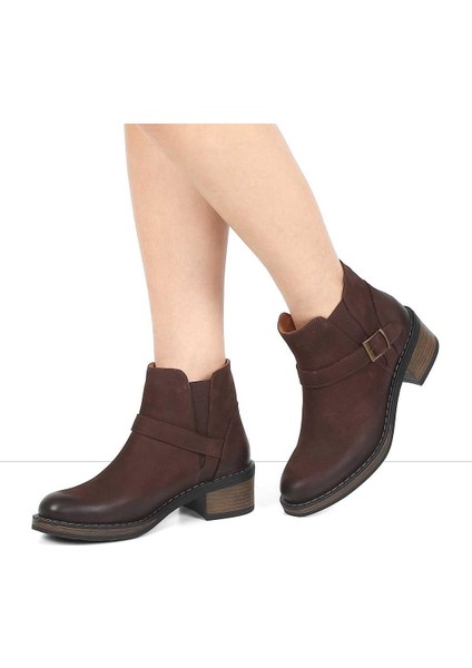 Kadın Kahverengi Tokalı Kalın Topuklu Nubuk Deri Bot