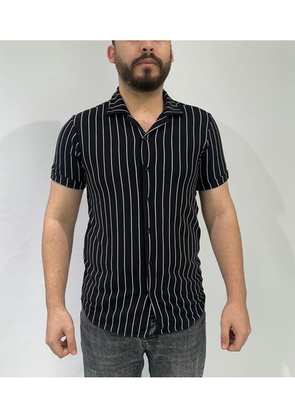 Siyah Renk Beyaz Çizgili Oversize Erkek Gömlek