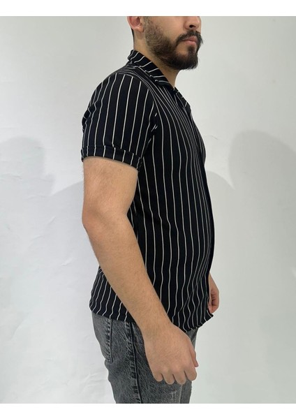 Siyah Renk Beyaz Çizgili Oversize Erkek Gömlek fiyatları