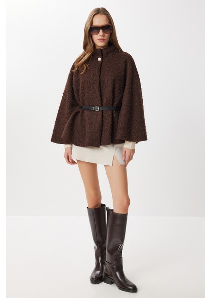 Kemerli Düğmeli Buklet Panço LDE0010 Kahverengi