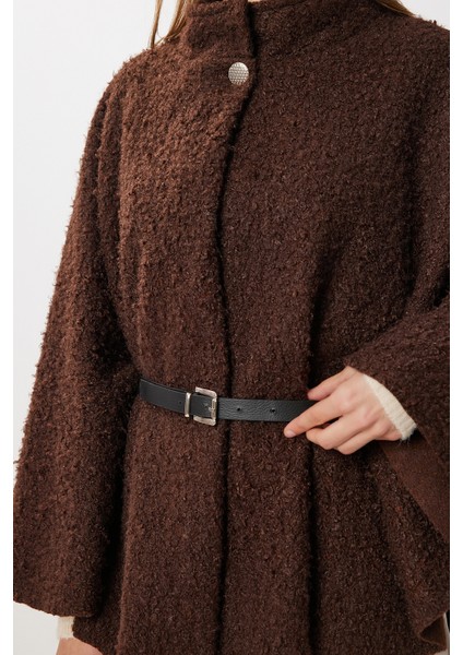 Kemerli Düğmeli Buklet Panço LDE0010 Kahverengi modelleri