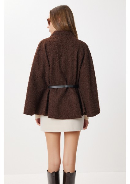 Kemerli Düğmeli Buklet Panço LDE0010 Kahverengi fırsatları