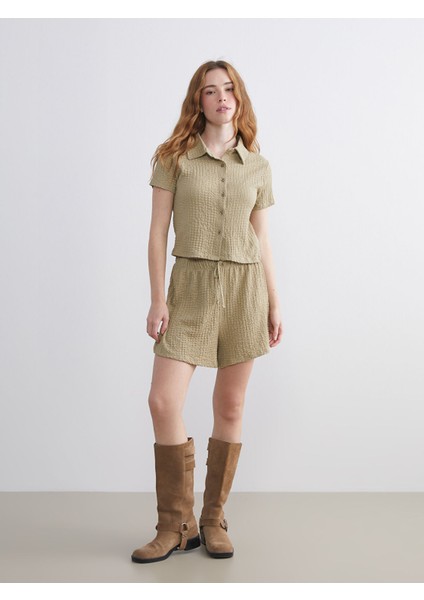 Yeni Sezon Beli Lastikli Dokulu Kadın Şort