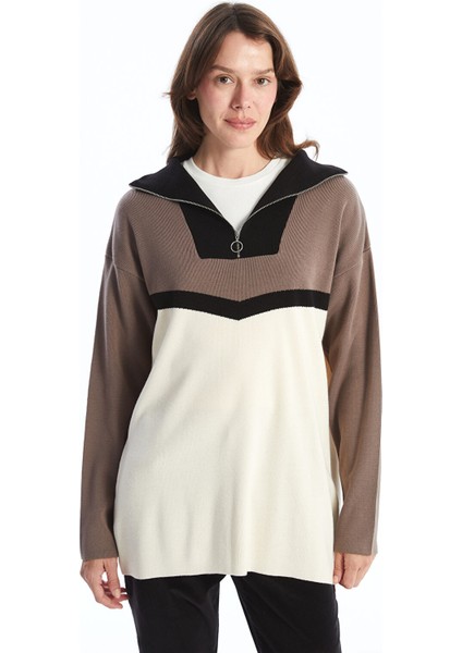 Yeni Sezon Dik Yaka Renk Bloklu Kadın Triko Tunik