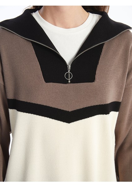 Yeni Sezon Dik Yaka Renk Bloklu Kadın Triko Tunik modelleri