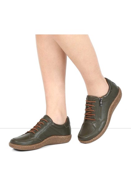 Kadın Haki Bağcıklı Fermuarlı Deri Ayakkabı