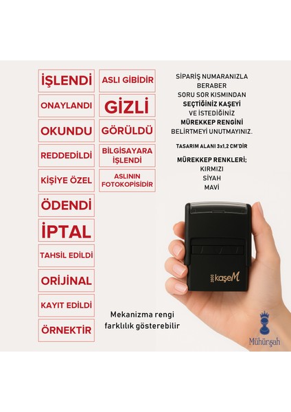 İşlendi, Okundu, Aslı Gibidir Vb. Hazır Kaşe - İş Yeri / Ofis / Şirket / Evrak Kaşesi (Siyah-Kırmızı-Mavi)